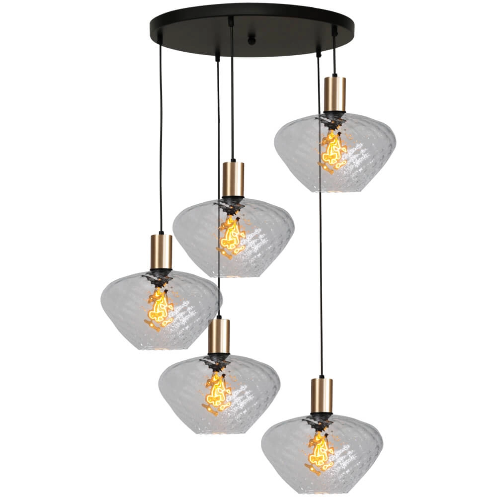 5-flammige Loft-Hängelampe - Gold - Porto mit klaren Blossom-Gläsern