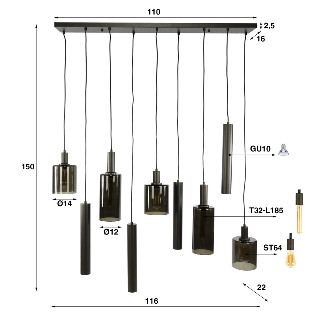 Esstisch-Pendellampe Sepiora Sienabraun – dunkles Glas – mit Anhängern Lyora 8716803513464