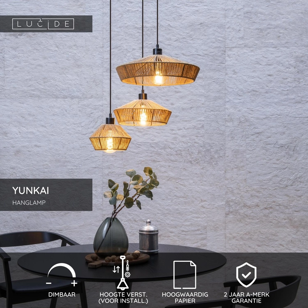 Pendellampe Yunkai Ø 60 cm schwarz mit Rattan Lucide 5411212105714