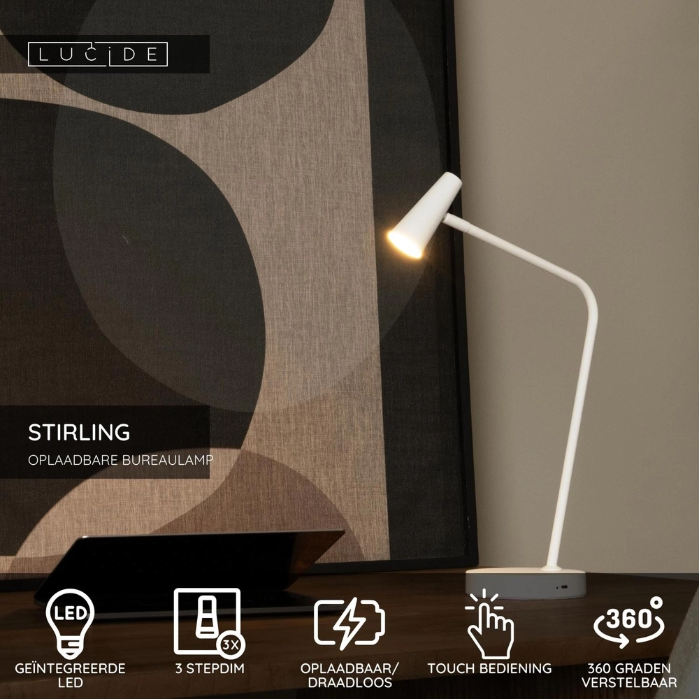 Wiederaufladbare Tischlampe Stirling Weiß Lucide 5411212361257