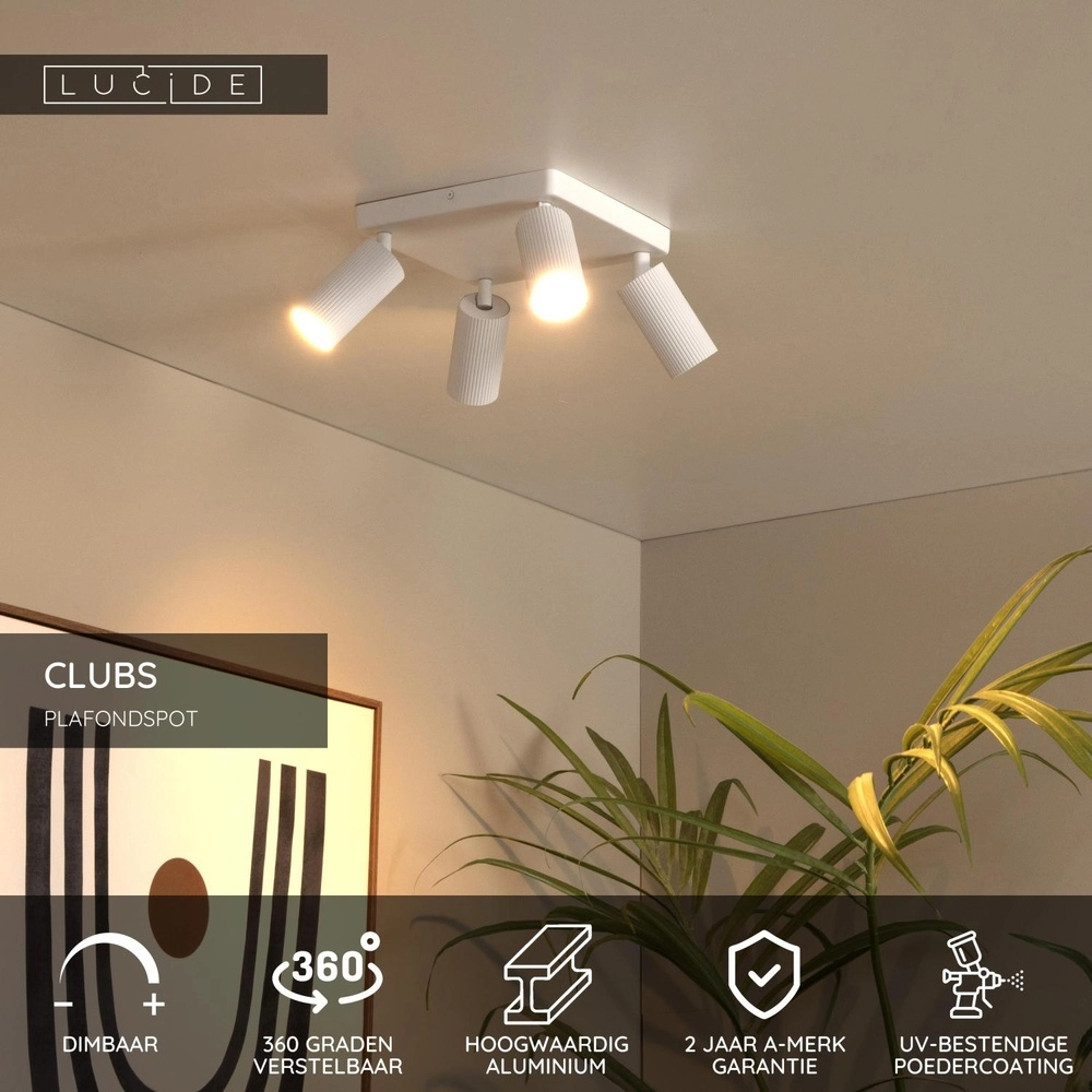 Oberflächenmontierter Deckenspot Clubs 4-Licht weiß Lucide 5411212093530