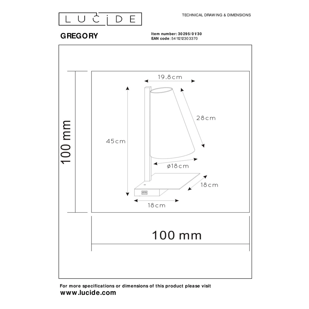 Design-Nachttischlampe Gregory Schwarz mit USB-Ladepunkt Lucide 5411212303370