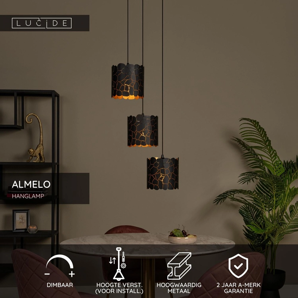 Pendellampe Almelo 3-Licht Schwarz mit Gold innen rund Lucide 5411212211880