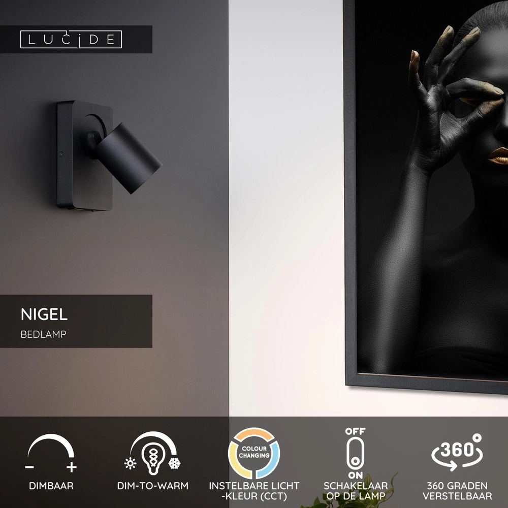 Nachttischlampe Nigel mit USB-Ladepunkt schwarz Lucide 5411212092731
