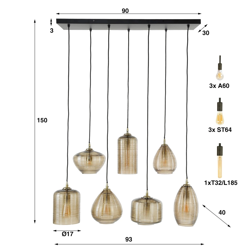 Essaal-Pendellampe Stripe 7-Licht – geripptes Glas Lyora 8716803511125