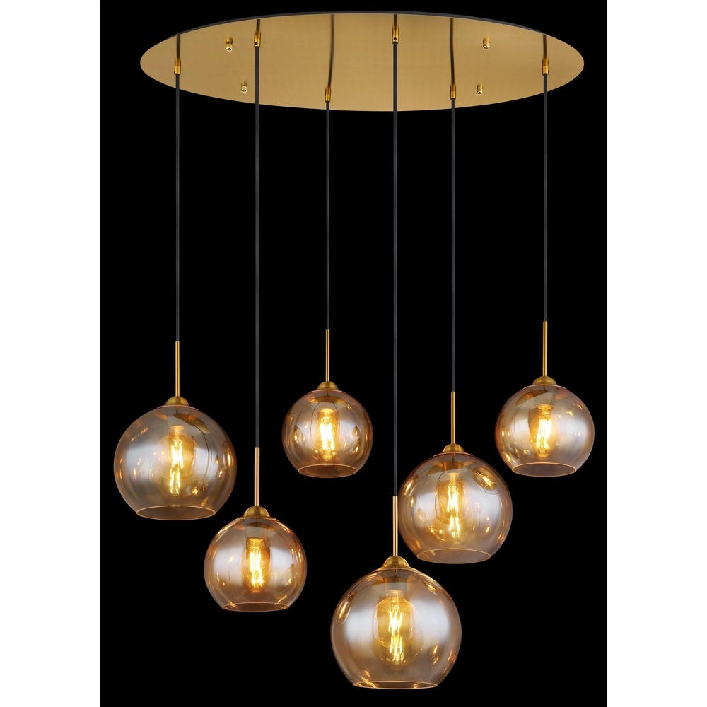 Goldene Pendellampe Jamessa 6-Licht mit bernsteinfarbenem Glas Globo 9007371435692