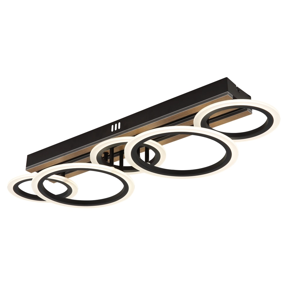 Deckenlampe Blevins Schwarz mit Holz 5 Ringe
