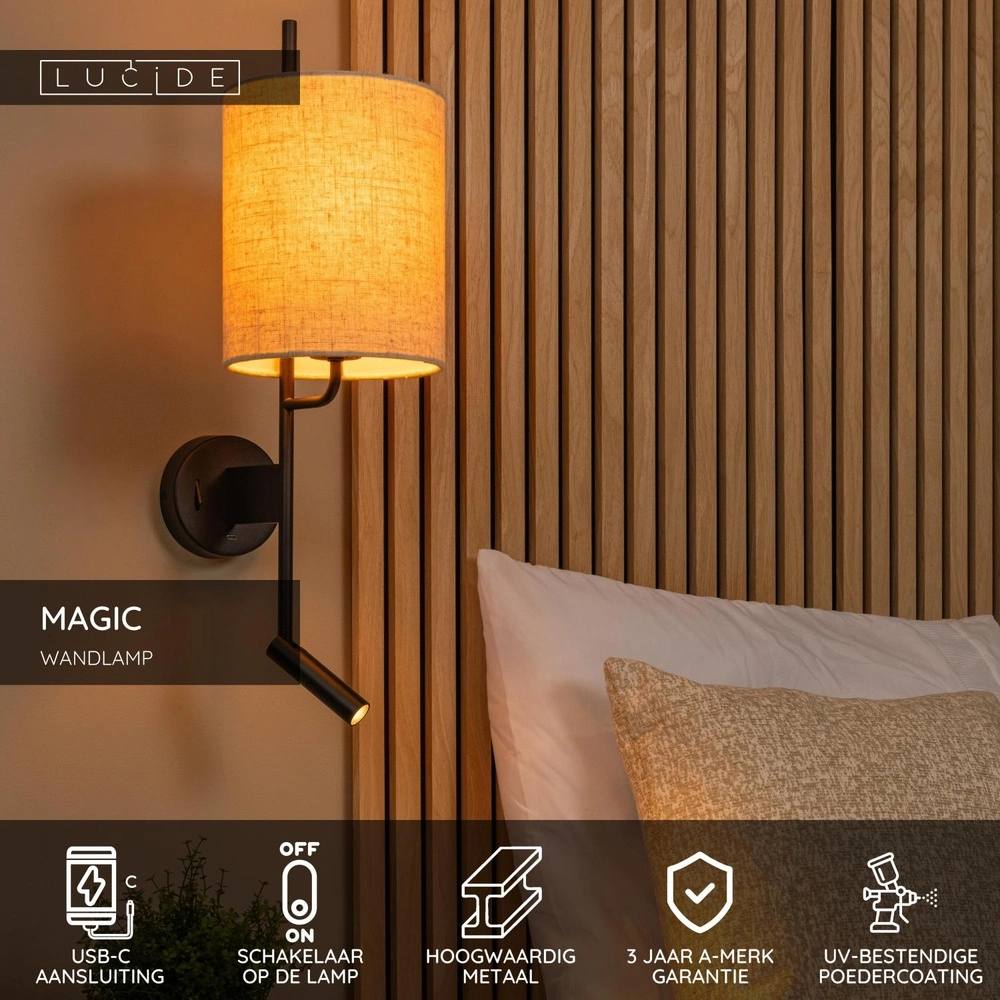 Wandlampe Magic mit zusätzlichem Licht und USB-Ladepunkt Lucide 5411212680068