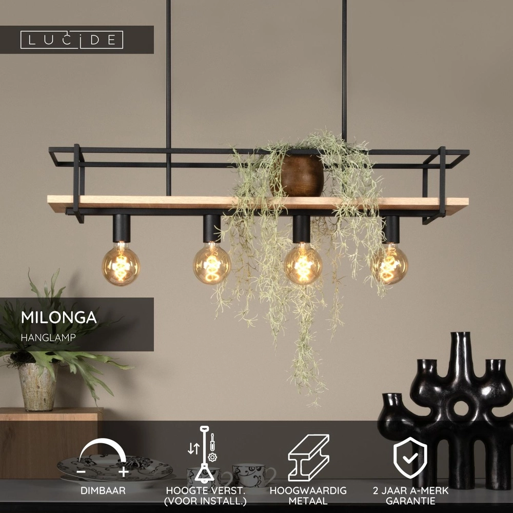 4-Licht Pendellampe Milonga Schwarz mit Holz Lucide 5411212211750