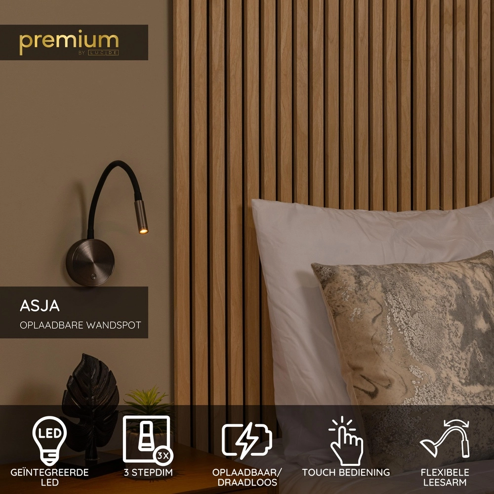 Nachttischlampe Asja dimmbares gebürstetes Metall Premium by Lucide 5411212421197
