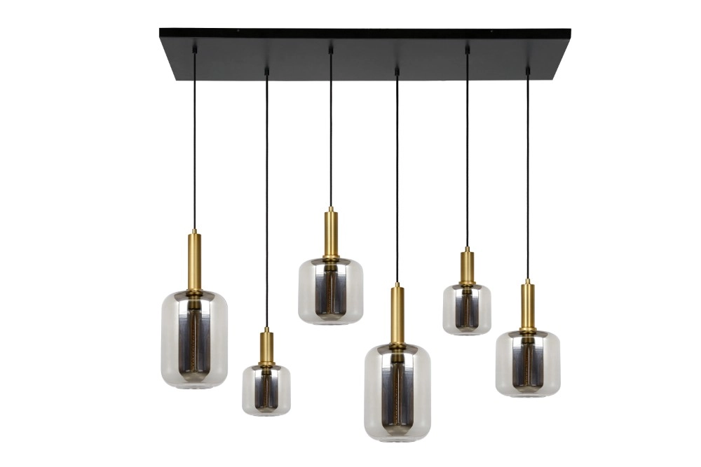 6-Licht Pendellampe Joanet Glattes Gold mit Rauchglas Lucide 5411212451446