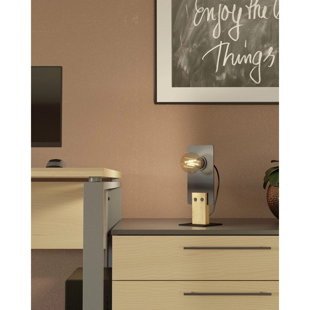 Moderne Tischlampe Bramerton Schwarz mit Holz Eglo 9002759437541