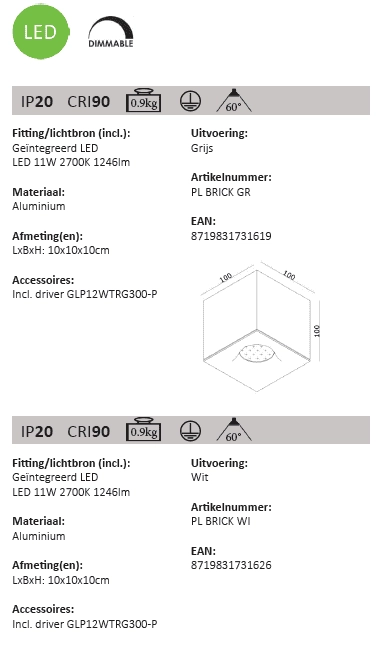 LED Scheinwerfer Brick Weiß Artdelight 8719831731626