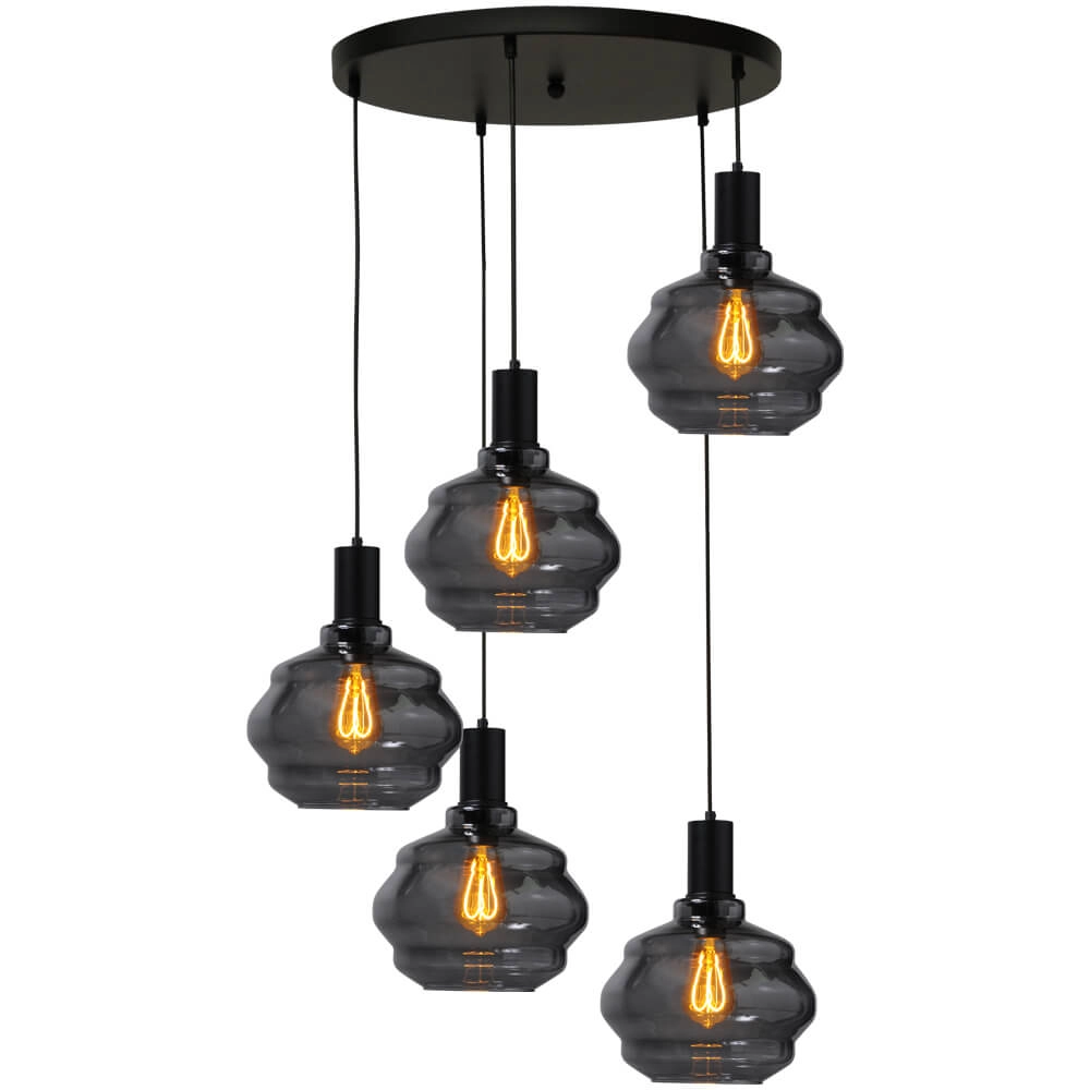 5-flammige Loft-Hängelampe - Schwarz - Porto mit Kugelrauchgläsern - Ø 24cm