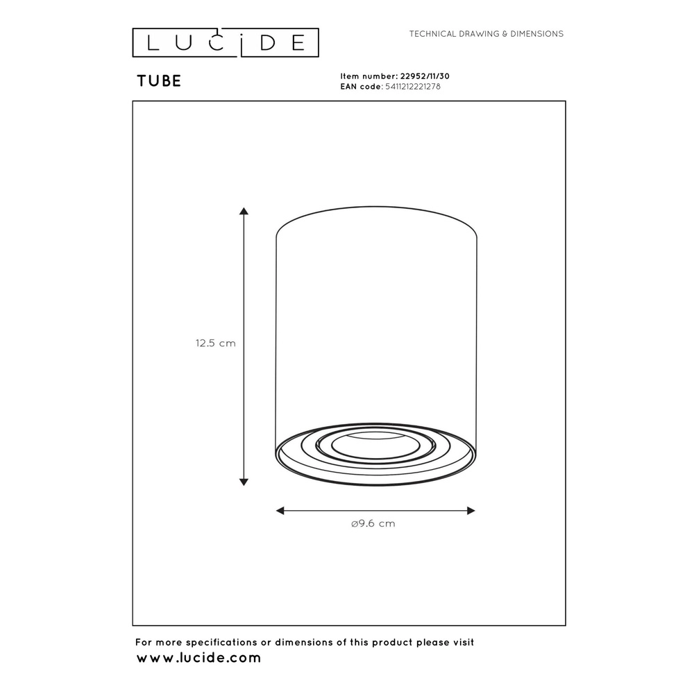 Oberflächenmontierter Deckenspot Tube schwarz Ø 9,6 cm Lucide 5411212221278