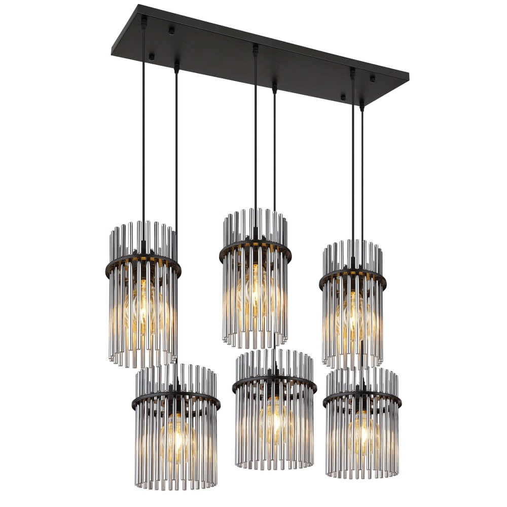 Schwarze Pendelleuchte Gorley mit Rauchglas 6-flammig