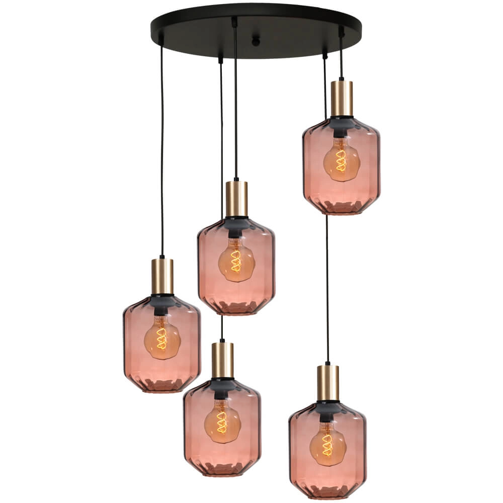 5-flammige Loft-Hängelampe - Gold - Porto mit roten Jagger-Brillen – Ø 24 cm