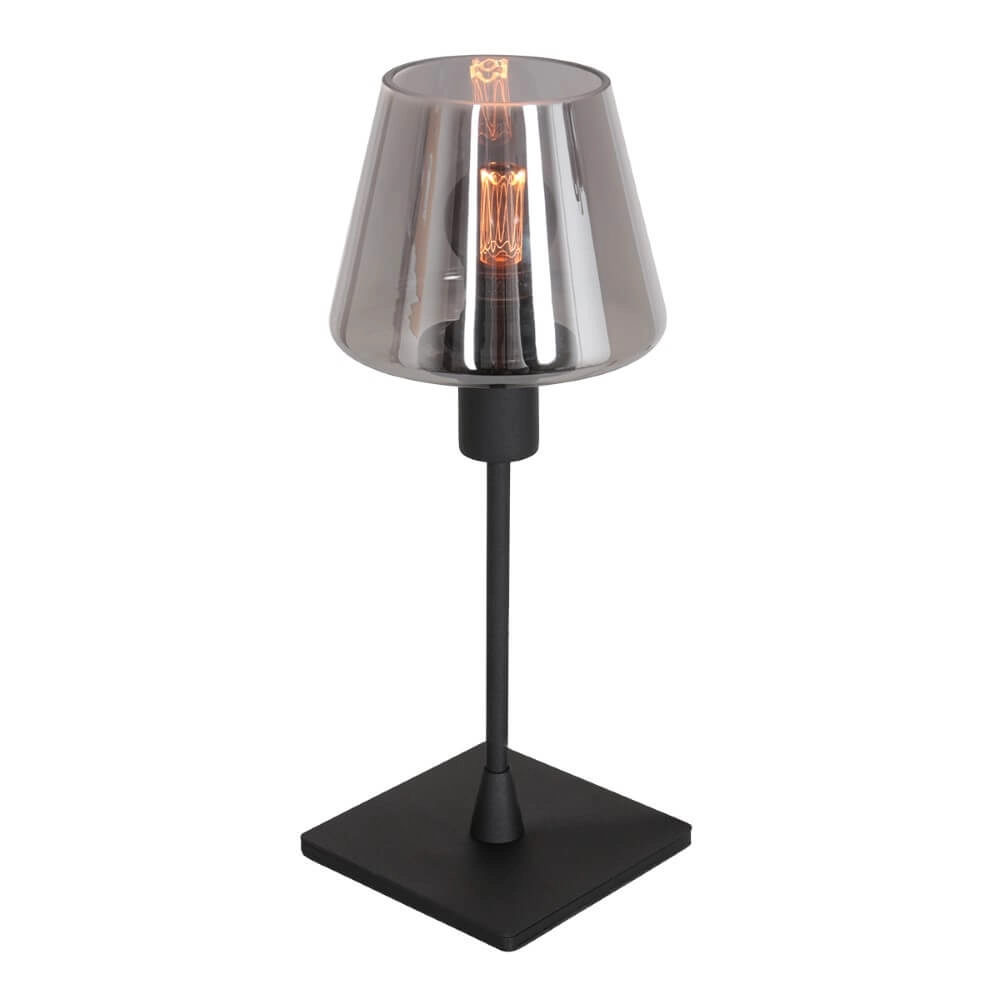 Schwarze Tischlampe Ancilla mit Rauchglas