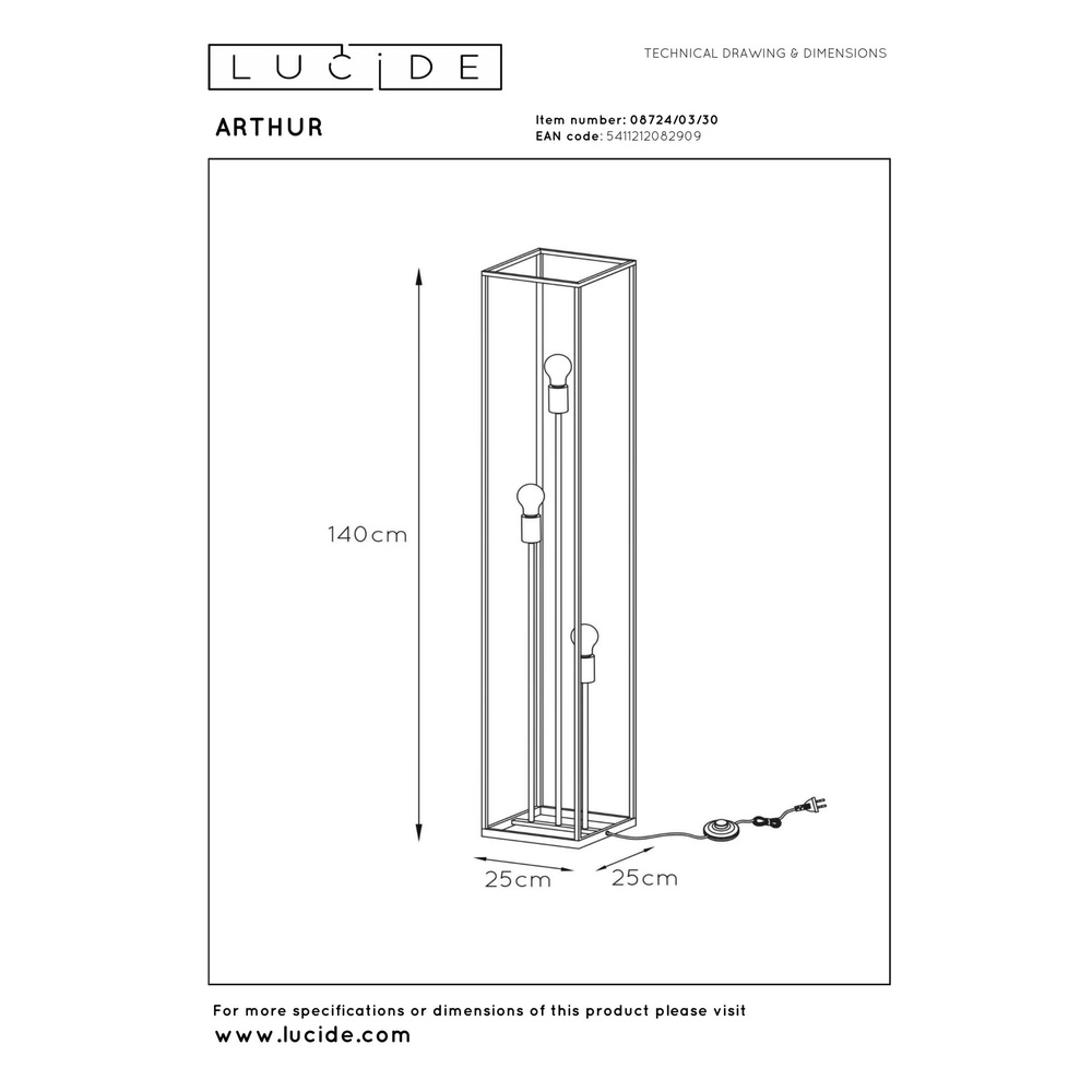 Stehlampe Arthur 3-Licht Schwarz Lucide 5411212082909