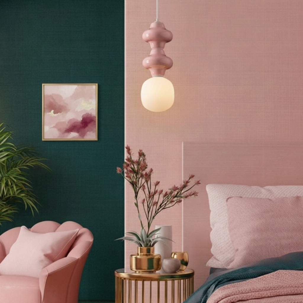 Pendelleuchte Clio M rosa Keramik mit weißem Glas