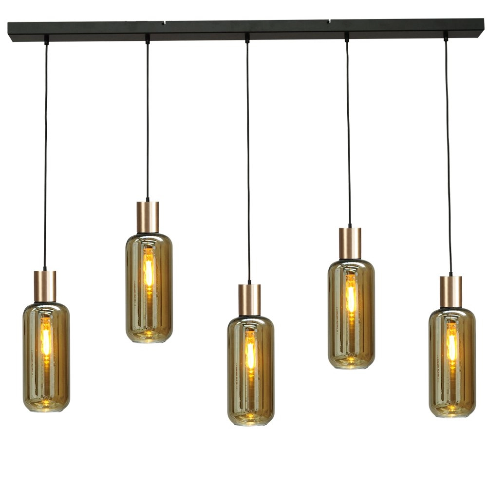 Hängelampe schwarz mit Gold Bounty 5-flammiges zylindrisches Glas