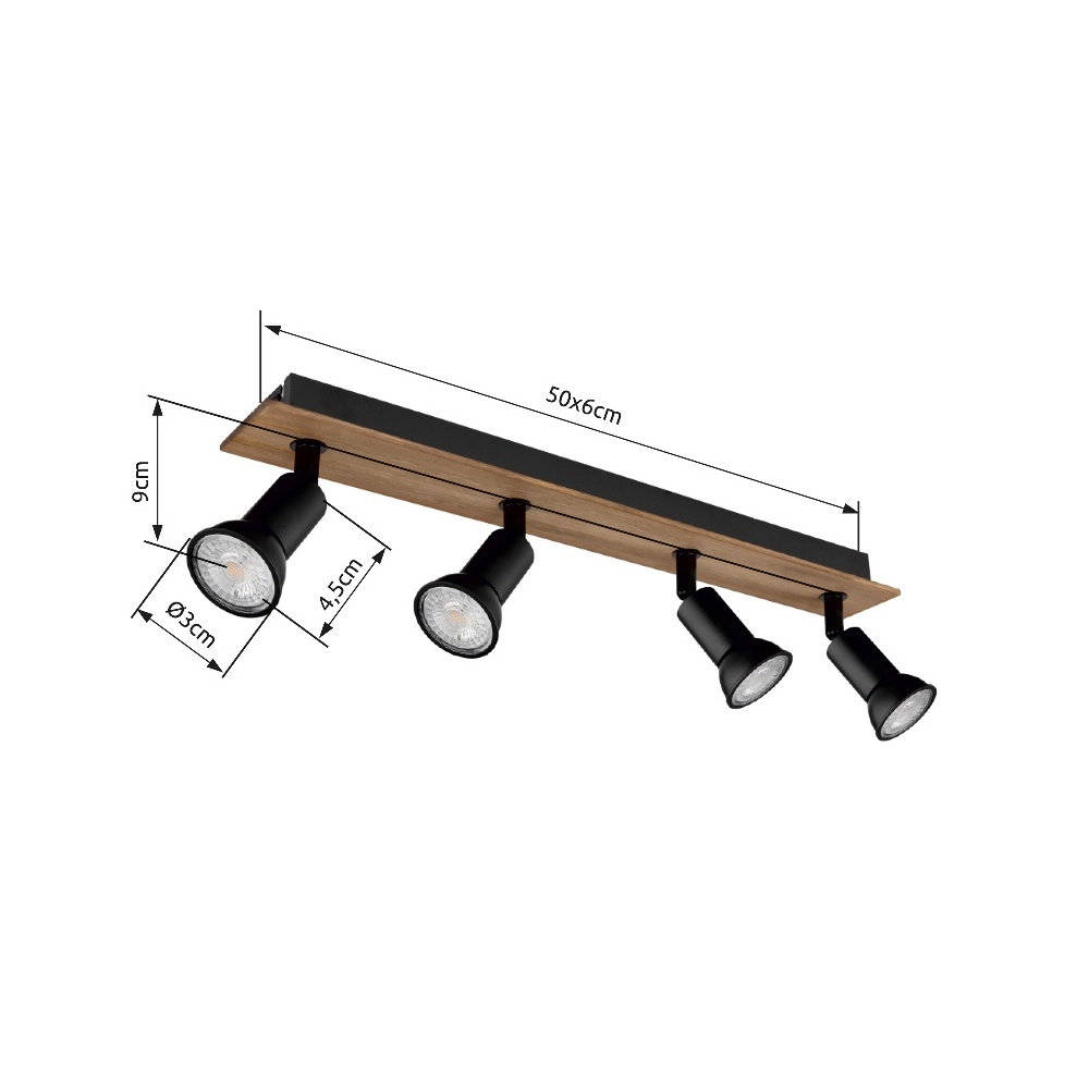 Deckenscheinwerfer Drew Schwarz mit Holz 4-Licht Globo 9007371436781