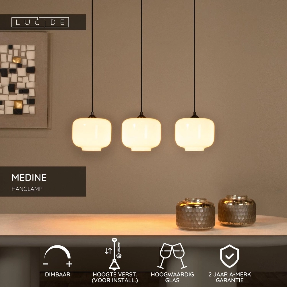 Hängende Lampe gerade Medine 3-Licht Schwarz mit Opal Lucide 5411212461001
