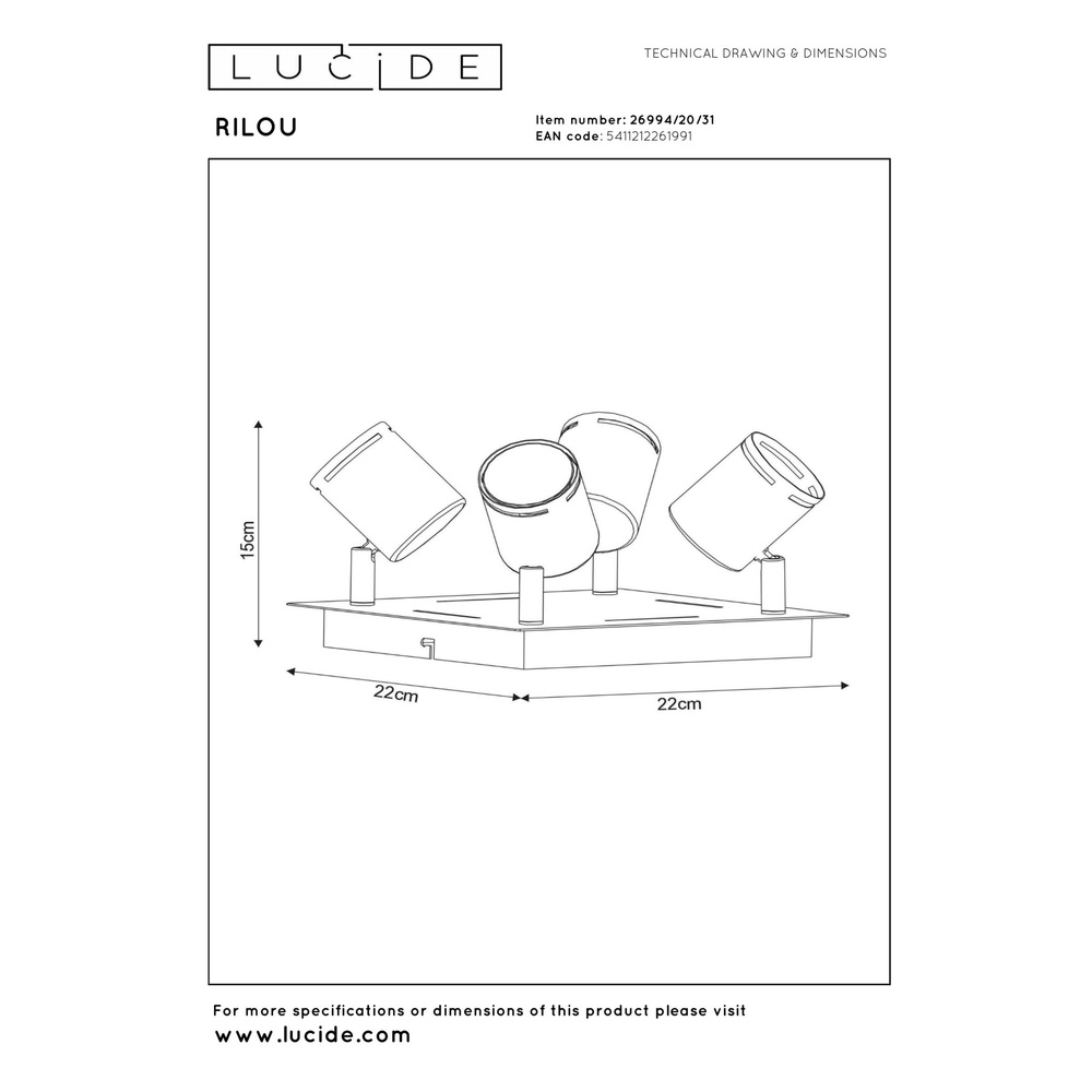 Deckenscheinwerfer Rilou 4-Licht dimmbares Weiß Lucide 5411212261991