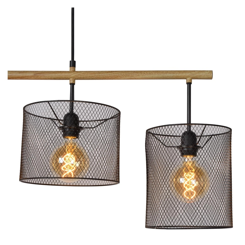 4-Licht Pendellampe Baskett Schwarz mit Holz Lucide 5411212450531