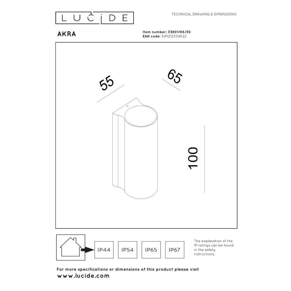 Design-Wandlampe Akra Down Black IP54 Lucide 5411212334022