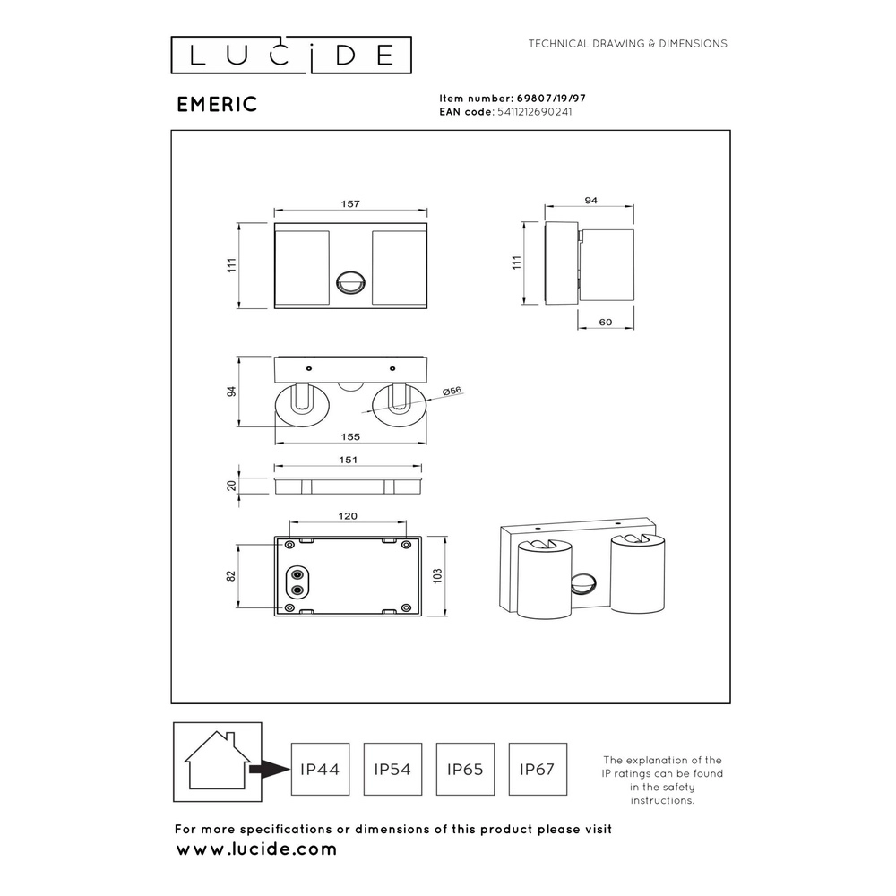 Wandfleck IP65 Emeric Rostbrauner Doppelgang mit Sensor Lucide 5411212690241