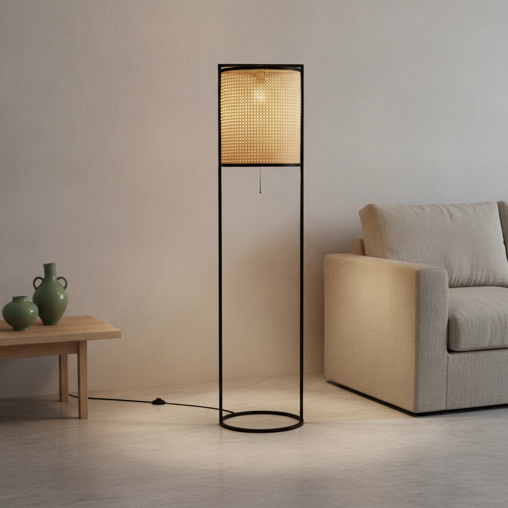 Stehlampe Erto Schwarz und Rattan