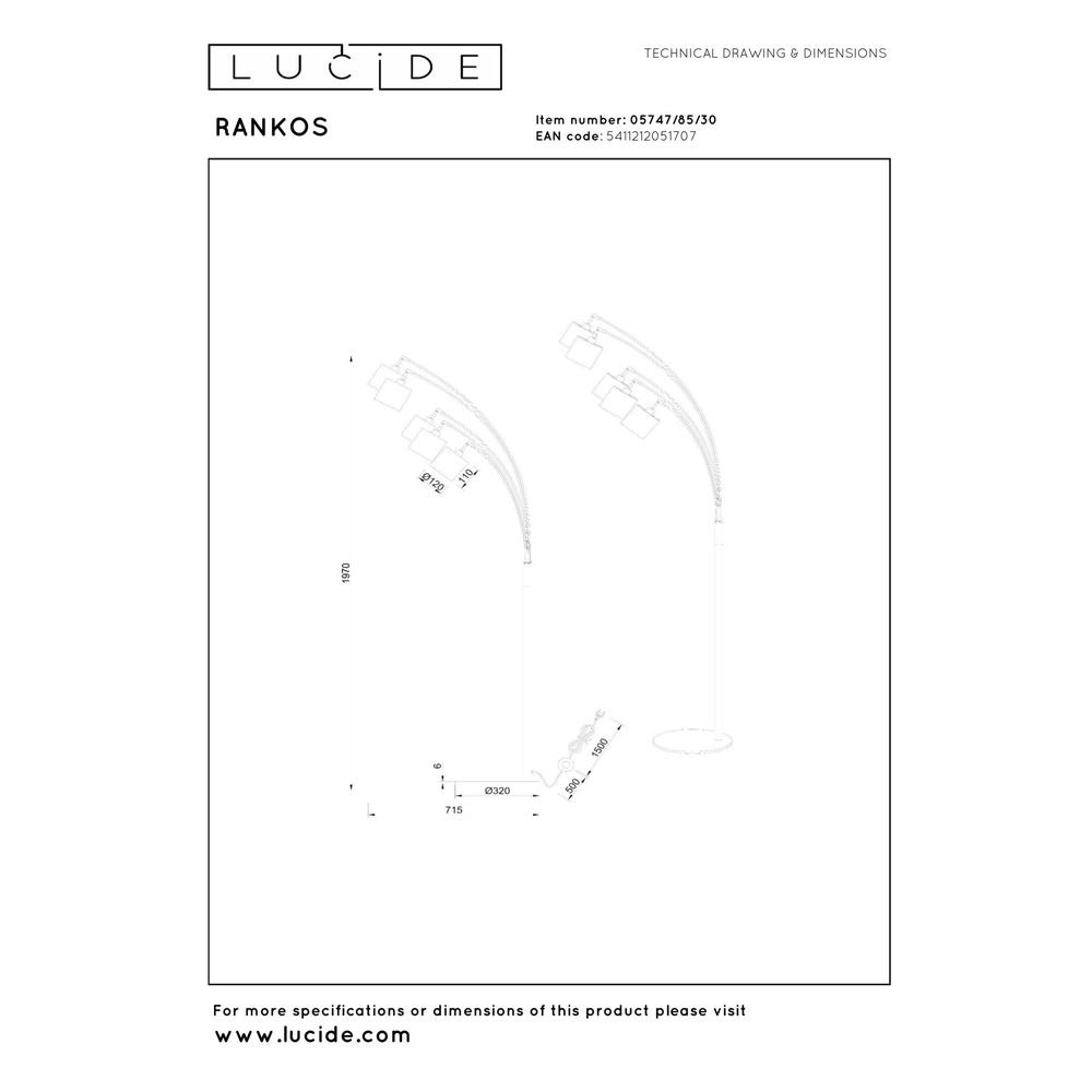 5-Licht Stehlampe Rankos Schwarz Lucide 5411212051707