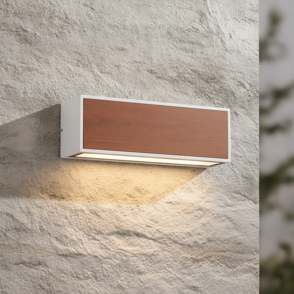 Solar-Wandleuchte Brown weiß mit Holz