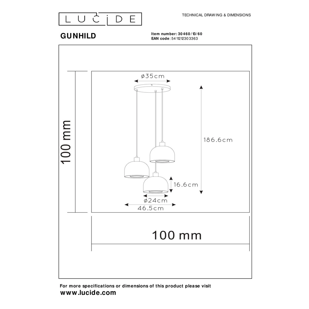 Design-Pendellampe Gunhild 3-Licht goldene Patrone Lucide 5411212303363