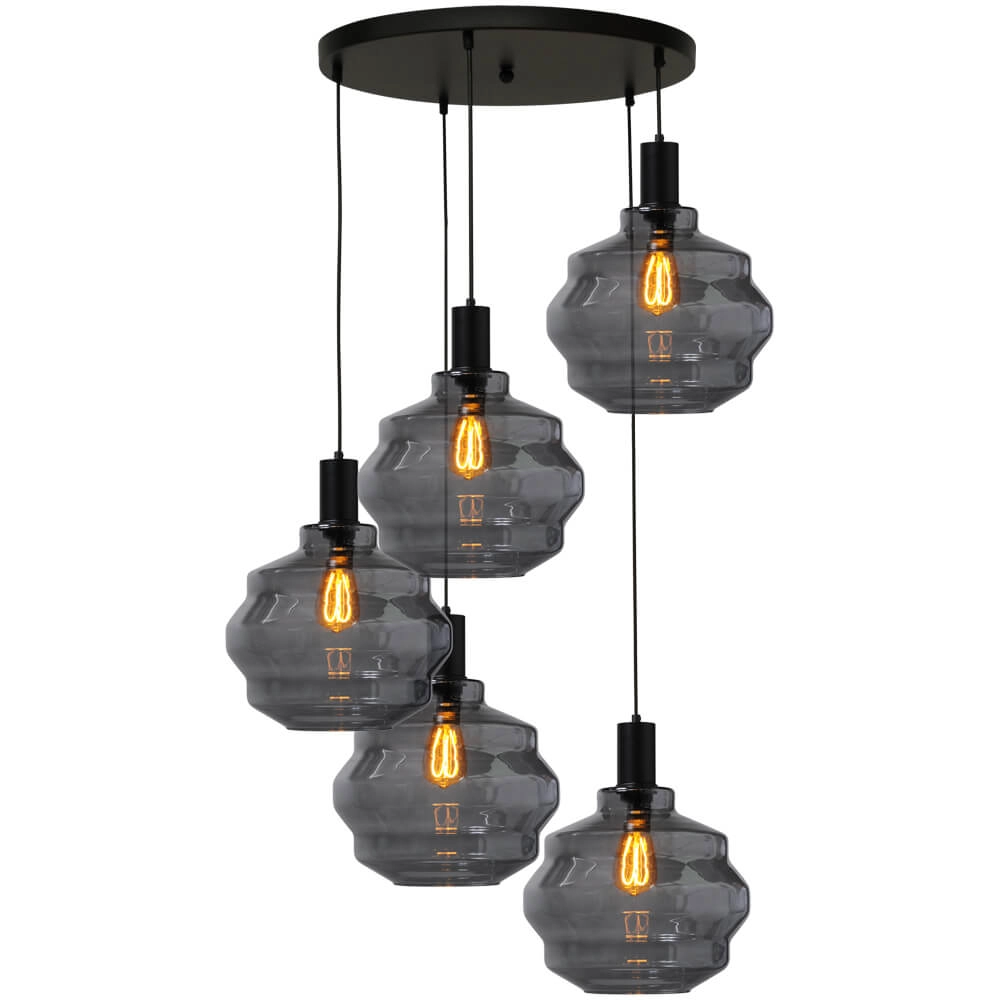 5-flammige Loft-Hängelampe - Schwarz - Porto mit Kugelrauchgläsern - Ø 30cm