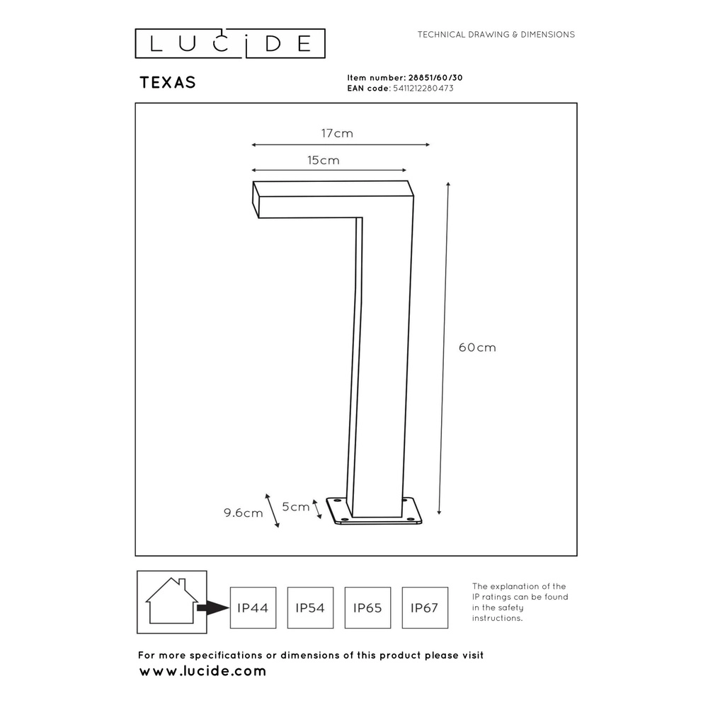 Sockellampe Texas 60 cm Anthrazit Lucide 5411212280473