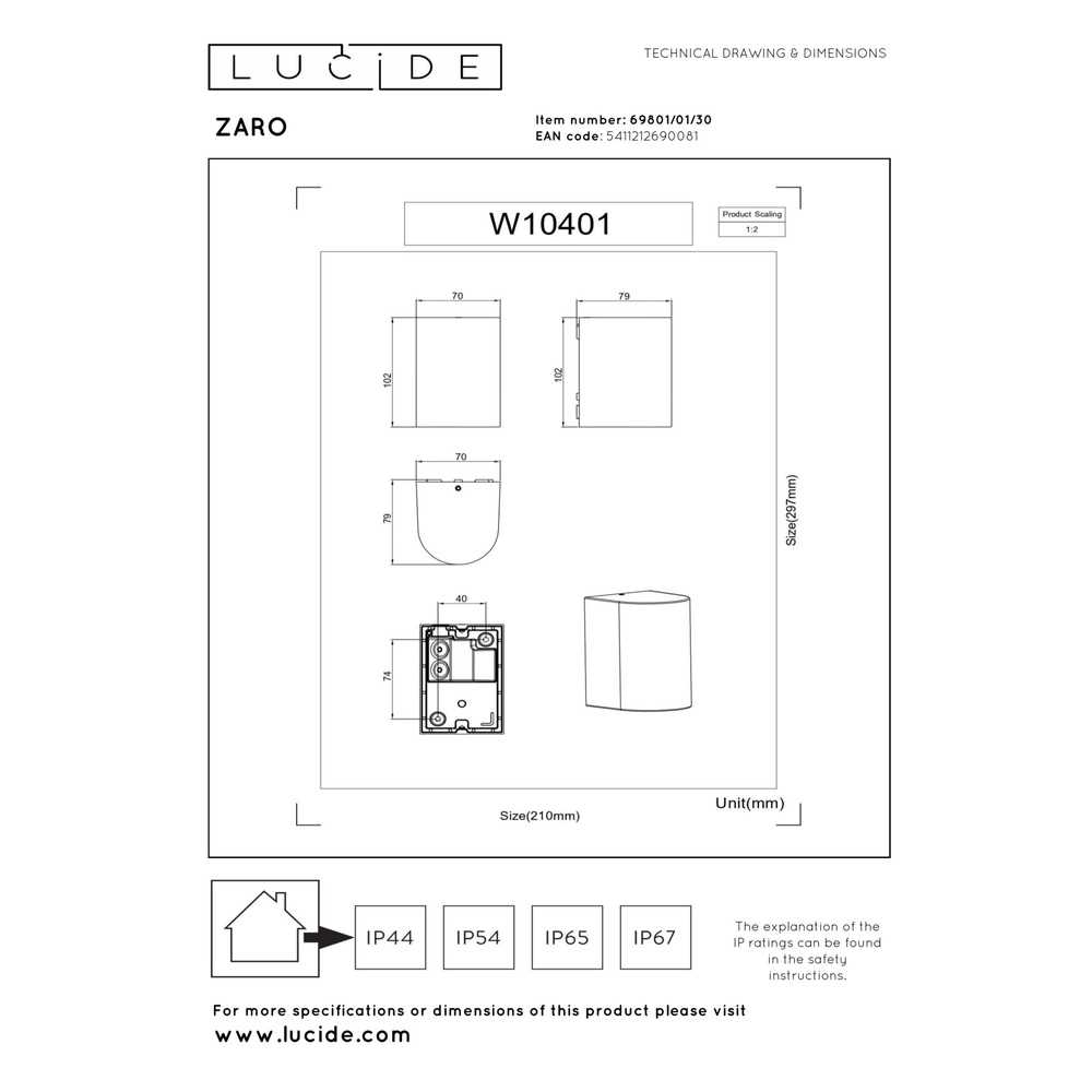 Wandscheinwerfer Zaro IP44 Single Black Lucide 5411212690081