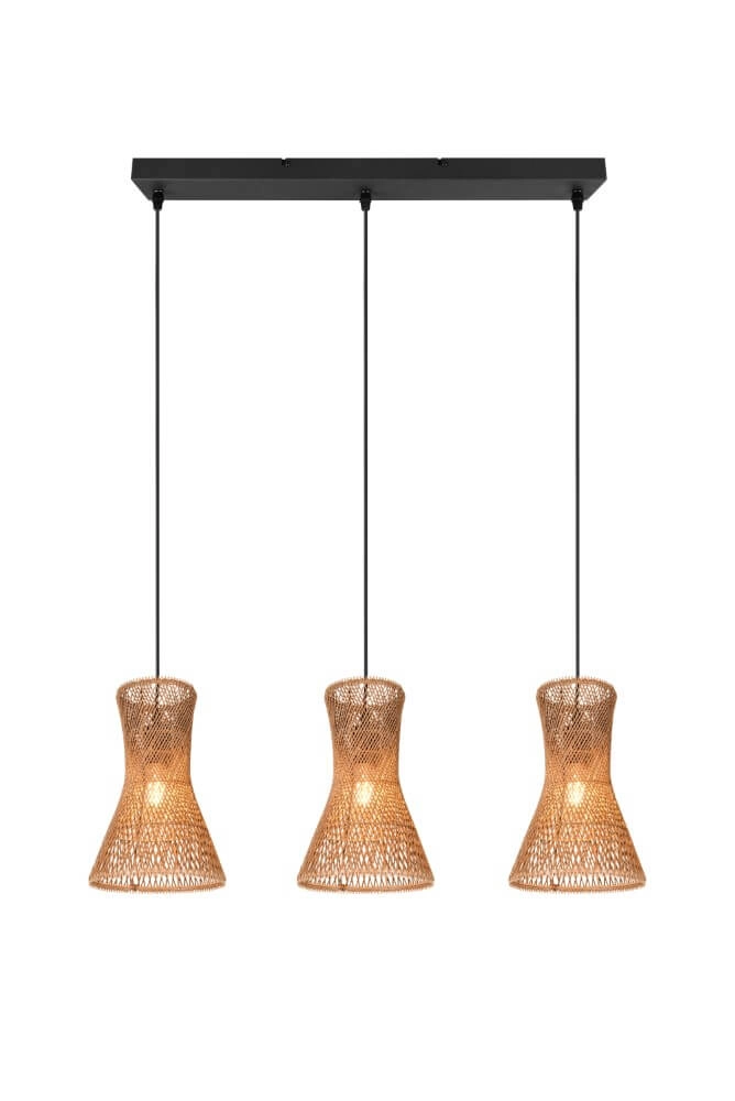 3-flammige Pendelleuchte Bijou schwarz mit Rattan