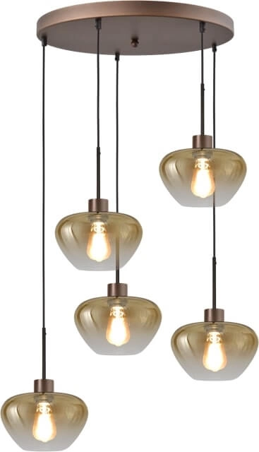 5-flammige Pendelleuchte Genua braun mit 5x Goldglas Ø 24cm