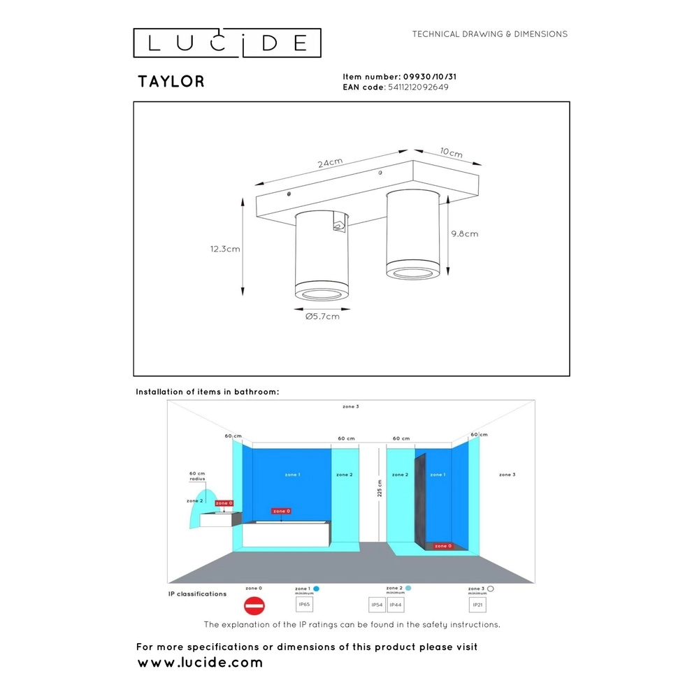Deckenscheinwerfer Taylor IP44 2-hell weiß Lucide 5411212092649
