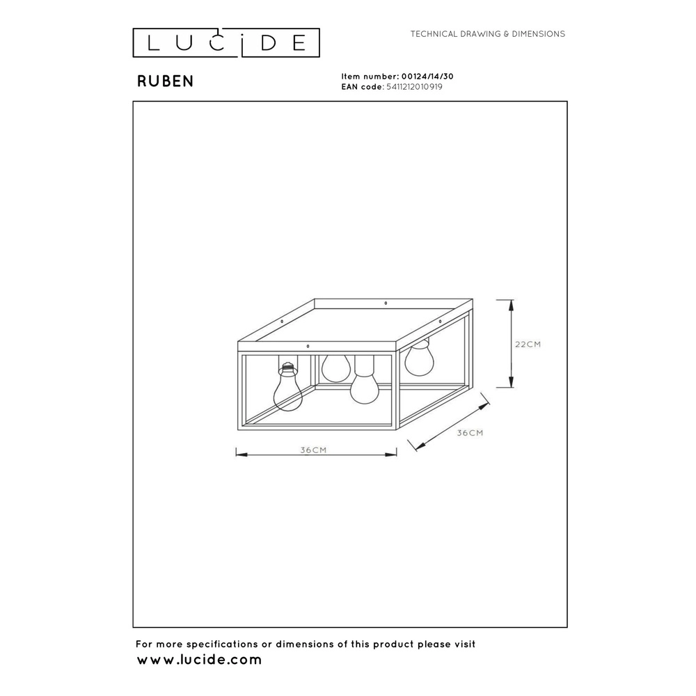 Deckenlampe Ruben Schwarz: 36 cm quadratisch Lucide 5411212010919