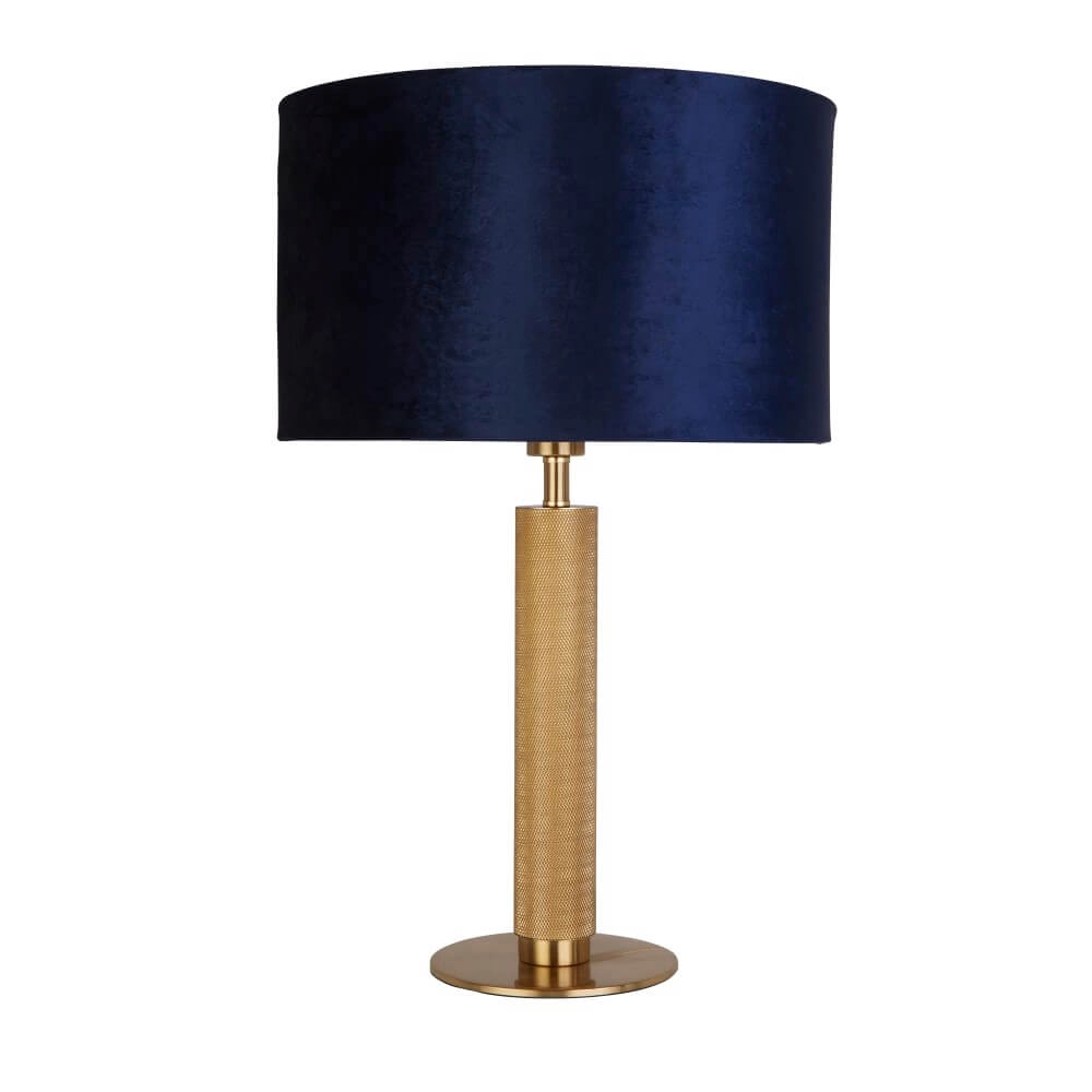 Goldene Tischlampe London mit blauer Kapuze