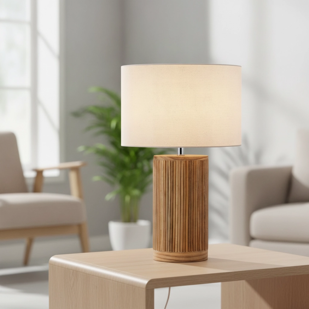 Tischlampe Nau Holz mit weißer Haube