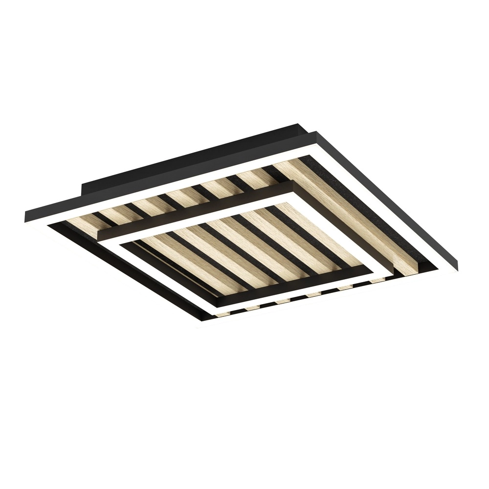 Moderne Deckenlampe Cembrano Schwarz mit Holzquadrat 31,5 x 31,5 cm