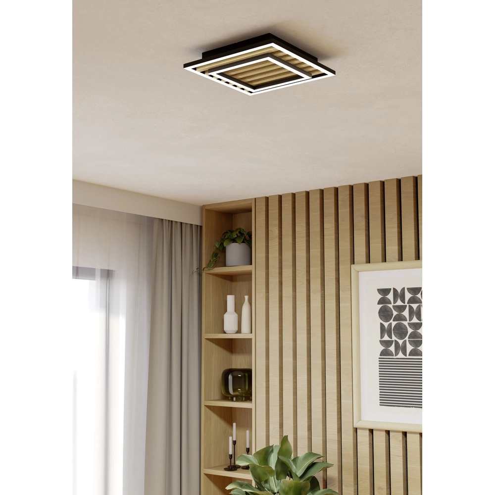 Moderne Deckenlampe Cembrano Schwarz mit Holzquadrat 31,5 x 31,5 cm Eglo 9008606388219