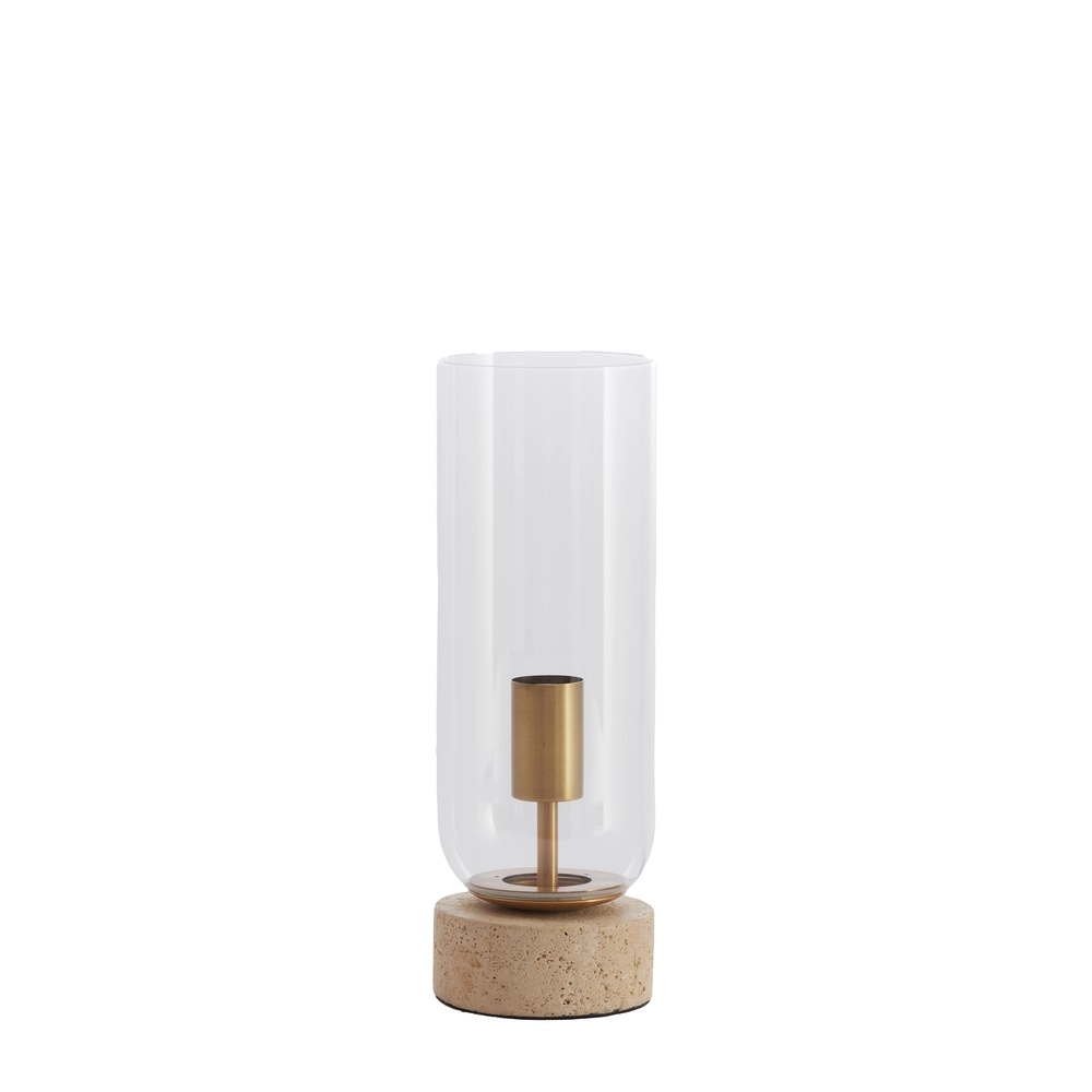 Glastischlampe Rylano 35 cm – mit Travertin