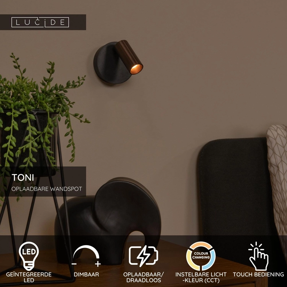 Wiederaufladbare Wandlampe Toni Magnetischer Kaffeebraun Lucide 5411212290557