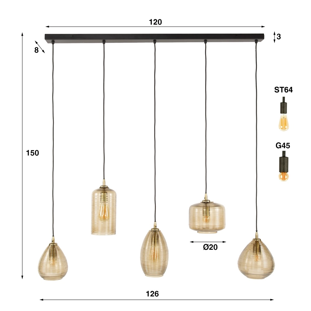 Essaal-Pendellampe Stripe 5-Licht – geripptes Glas Lyora 8716803511118