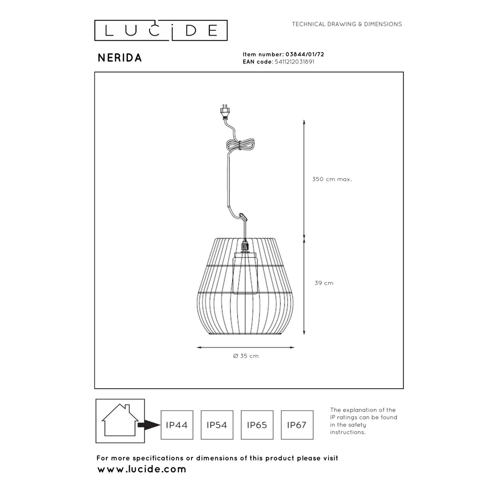 Pendellampe Nerida Rattan IP44 - Ø 35cm Lucide 5411212031891
